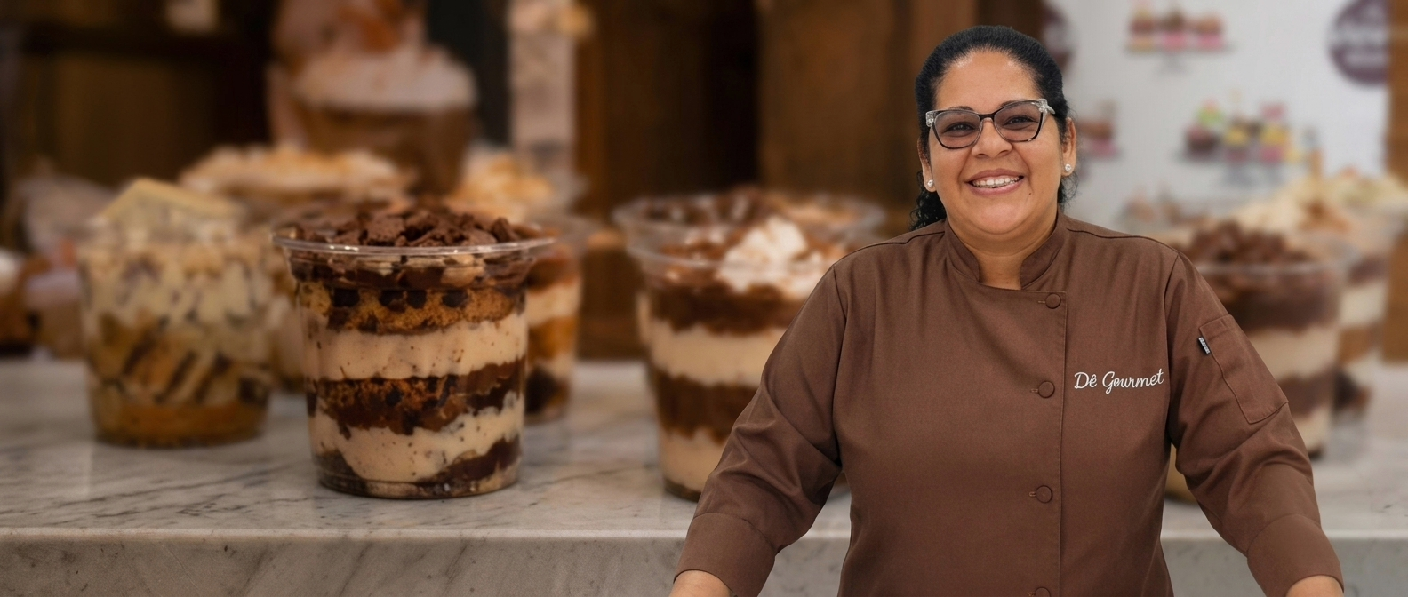 Confeiteira da Dê Gourmet sorrindo, ao lado de bolos de pote artesanais